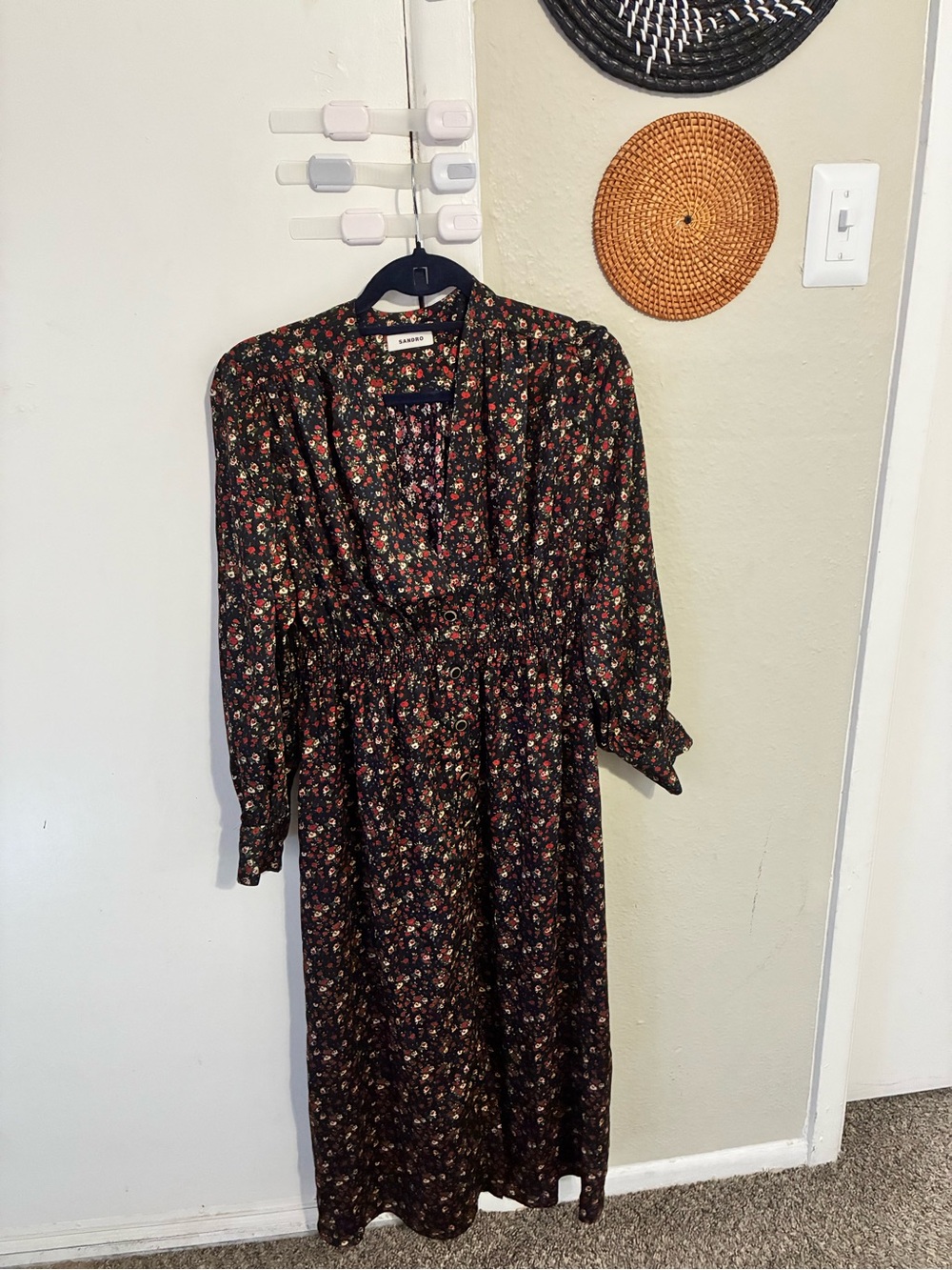 Sandro Black Floral Long-Sleeve Midi Dress
